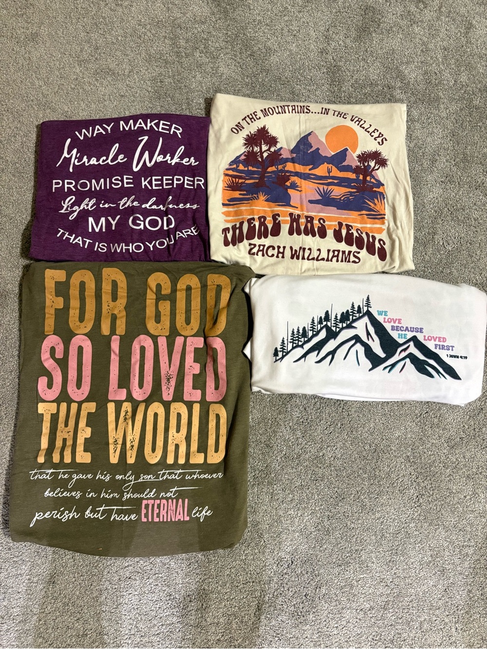 4 Christian Graphic Tees Bundle Zach Williams John 3:16 Way Maker Faith Shirts